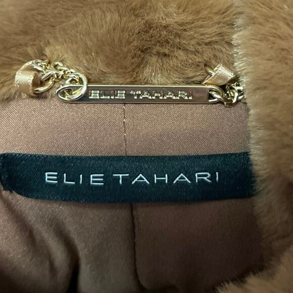 Elie Tahari Brown Faux Fur Shearling Long Sleeve Zip Drawstring Coat Jacket Sz M - Picture 4 of 5